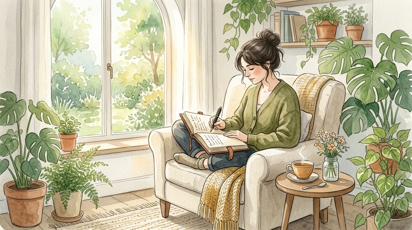 Woman writing in journal.