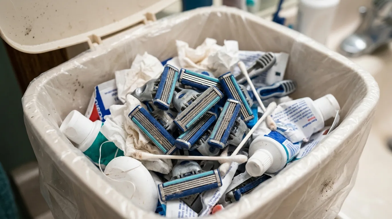 Cartridge razor heads in trash.