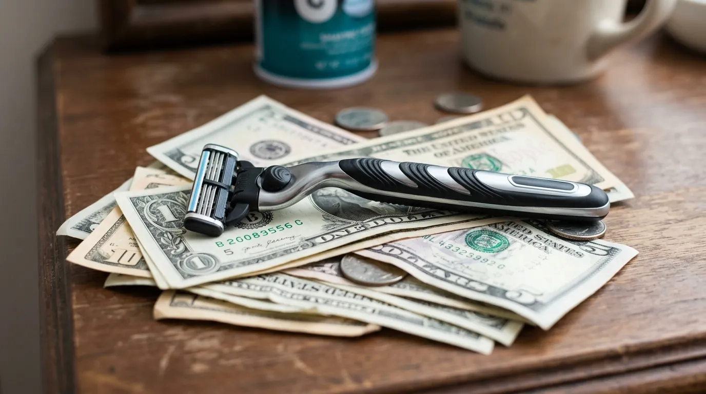 Cartridge razor laying on top of money.
