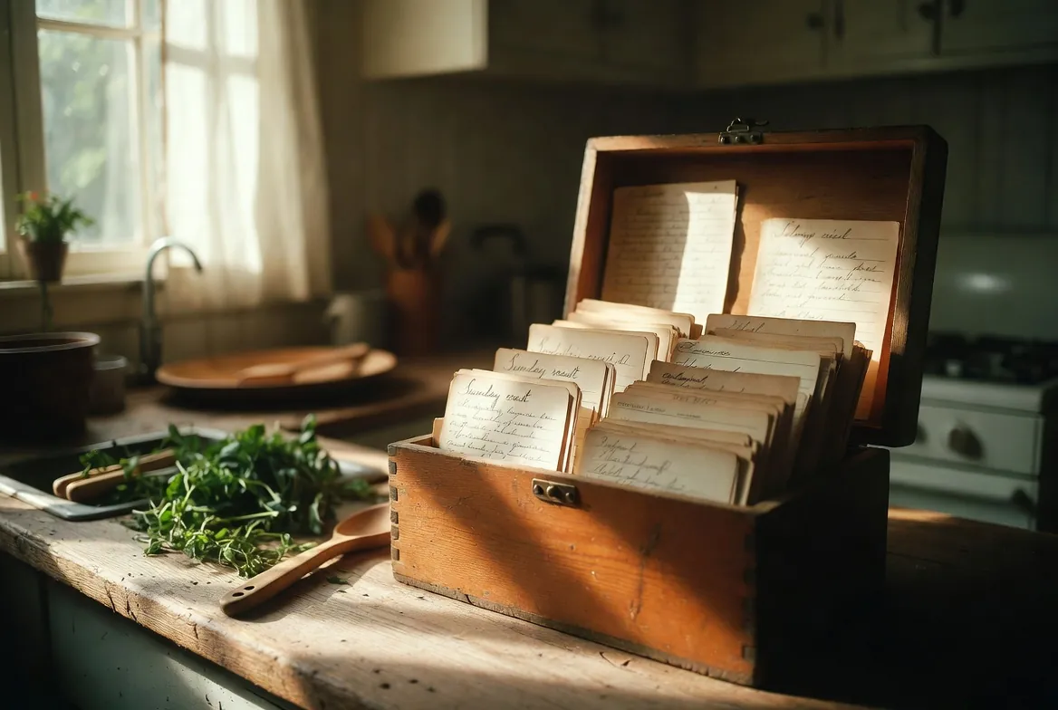 Wooden recipe box with handwritten cards on a kitchen counter.