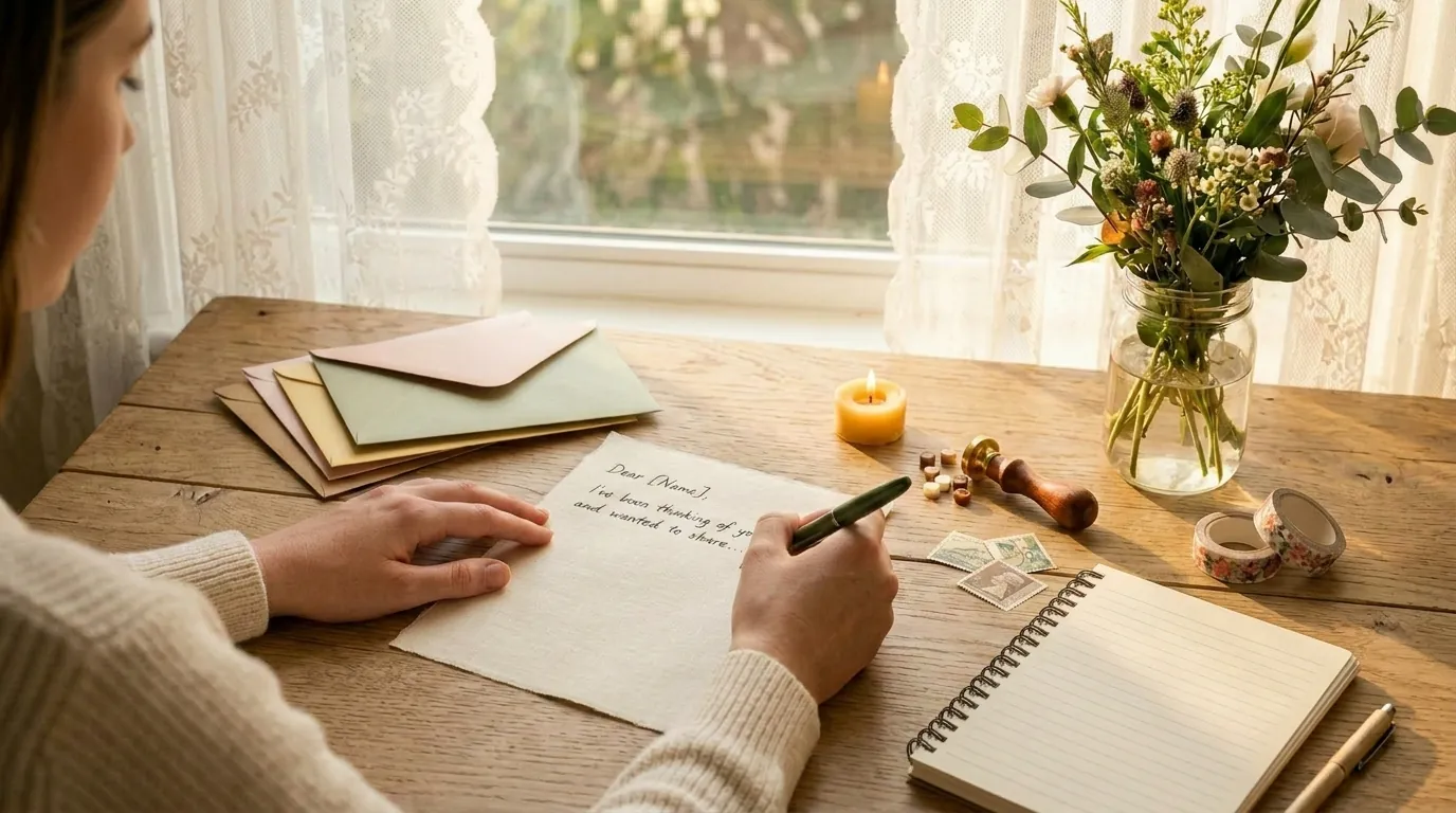 Woman sitting at a desk handwriting a letter.