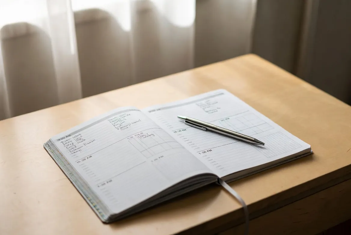 A paper planner open on a wooden desk with a timer cube beside it, showing handwritten time blocks for the day