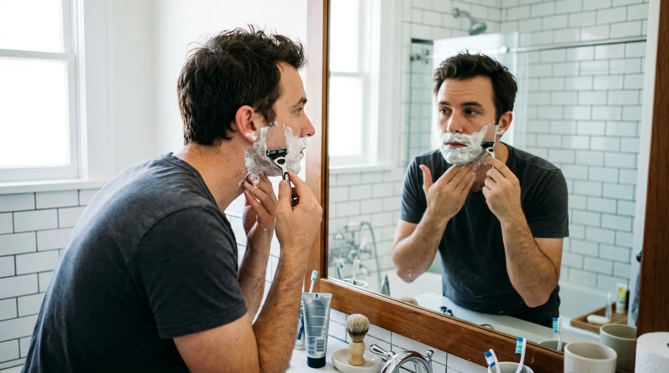 Man with shaving cream on his face shaving in front of a mirror