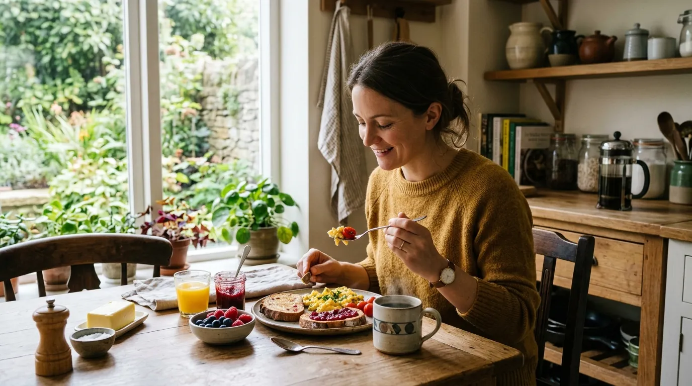 A woman sitting at a table eating breakfast.