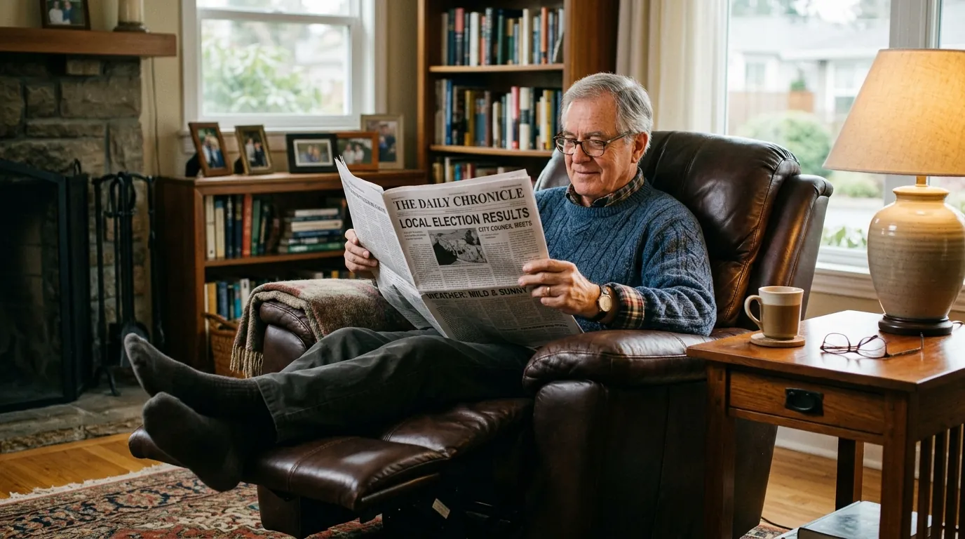 A man sitting in a recliner reading a newspaper.