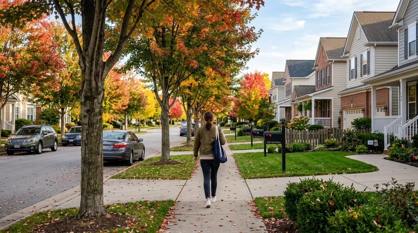 A woman walking on a sidewalk in a suburban neighborhood.