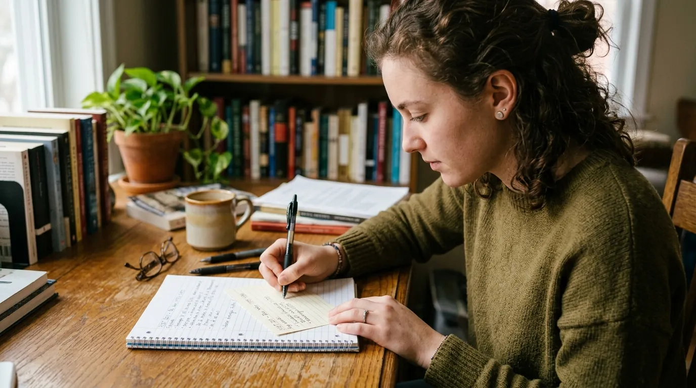 A woman sitting at a wooden desk writing on an index card.