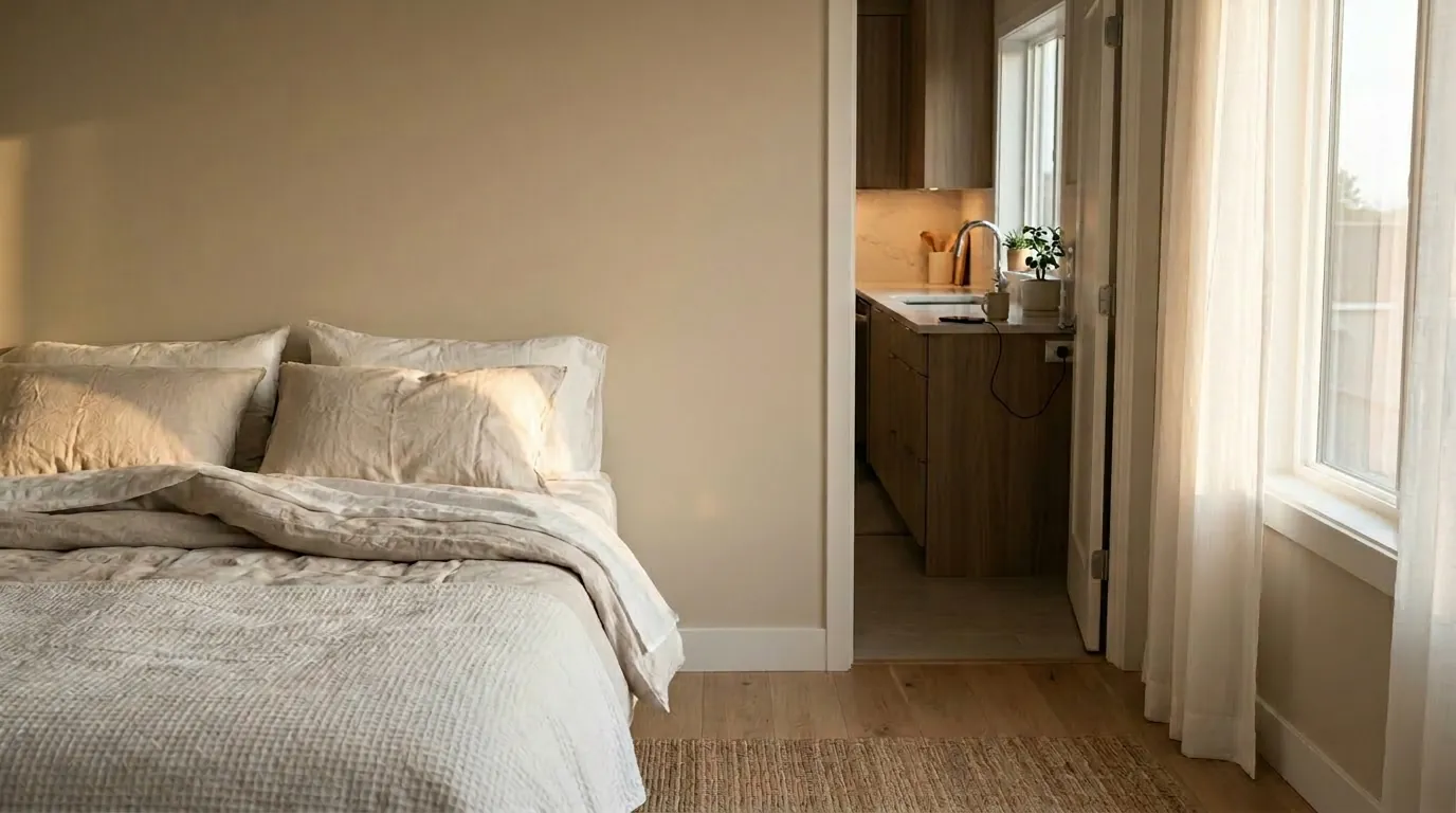 A bedroom with an open door to a kitchen. On the kitchen counter is a plugged-in smartphone.