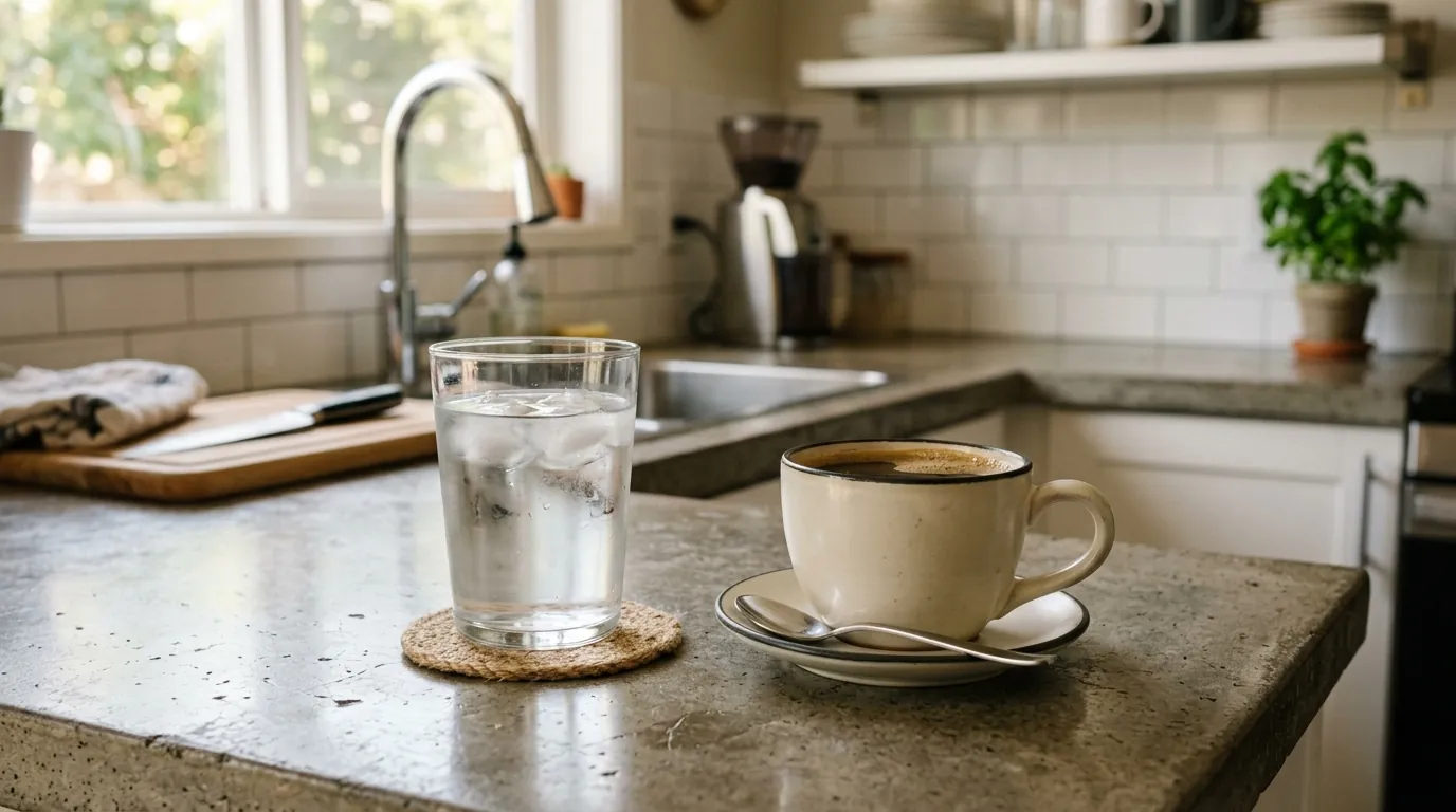 A glass of water and a cup of coffee on top of a kitchen counter.