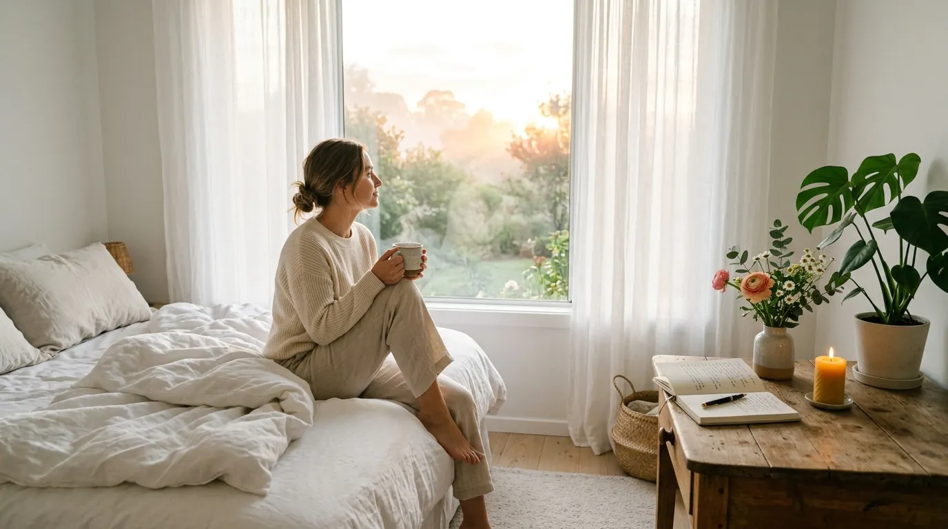 A woman in her early 30s with relaxed posture sits on the edge of the bed wearing soft neutral loungewear, holding a steaming ceramic mug of herbal tea with both hands